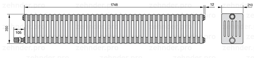 Схема (чертеж) Радиатор Zehnder Charleston 6035/38 №V004 Белый глянцевый RAL 9016
